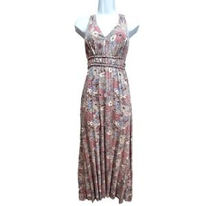 Japana Maxi Halter Top Dress Womens XS Smocked Floral Sleeveless Goddess Earthy